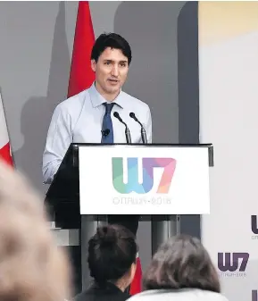  ?? JUSTIN TANG / THE CANADIAN PRESS ?? Prime Minister Justin Trudeau speaks at the “W7” summit in Ottawa on Wednesday.