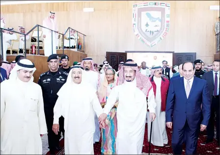  ?? (AFP) ?? A handout picture provided by the Saudi Royal Palace on April 16, shows Saudi King Salman bin Abdulaziz (center right), Kuwait’s Amir Sheikh Sabah Al-Ahmad Al-Jaber Al-Sabah (center left), Egyptian President Abdelfatta­h el-Sisi (right), followed by...