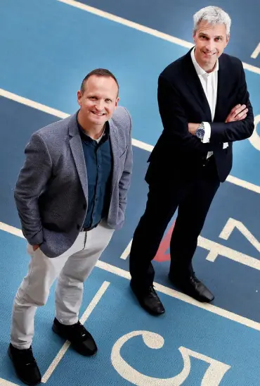  ??  ?? Trevor Twamley, left, and Declan Bourke, co-founders of agency Sport Endorse, at the National Indoor Arena in Abbotstown, Dublin. Photo: Steve Humphreys