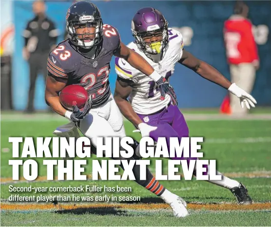  ?? | GETTY IMAGES ?? Bears cornerback Kyle Fuller returns an intercepti­on last month against the Vikings. In the Bears’ last five games, he has allowed eight receptions for 67 yards.