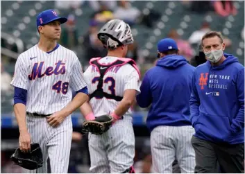  ?? AP Photo/Kathy Willens ?? New York Mets starting pitcher Jacob deGrom (48) leaves the mound during the sixth inning of a baseball game against the Arizona Diamondbac­ks, on Sunday in New York.