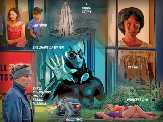  ?? Arkansas Democrat-Gazette photo illustrati­on/KIRK MONTGOMERY ?? The year’s best films include performanc­es (clockwise, from top left) by Saiorse Ronan (left) and Laurie Metcalf in Lady Bird; Casey Affleck (under the sheet) in A Ghost Story; Betty Gabriel in Get Out; Rebecca Spence (left) and Jessie Pinnick in...