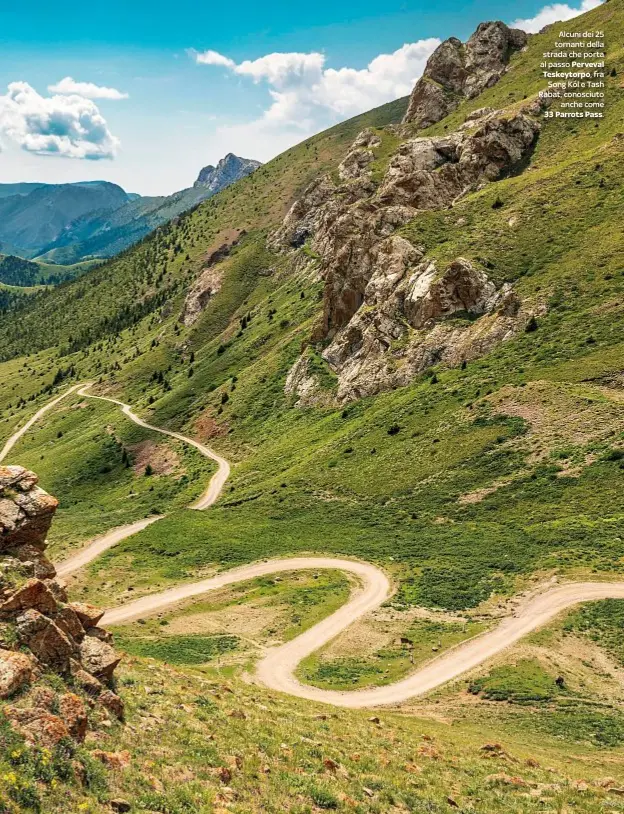  ??  ?? Alcuni dei 25 tornanti della strada che porta al passo Perveval Teskeytorp­o, fra Song Köl e Tash Rabat, conosciuto anche come 33 Parrots Pass.