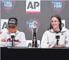  ?? KIRBY LEE/USA TODAY SPORTS ?? University of South Carolina coach Dawn Staley, left, and University of Iowa guard Caitlin Clark were named The Associated Press women’s college basketball Coach and Player of the Year.