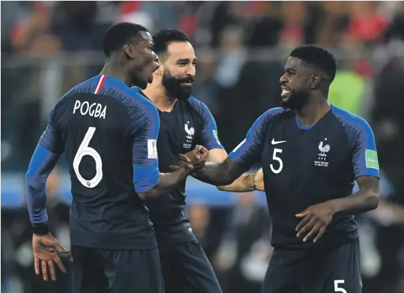  ?? Getty ?? Clockwise from top: Samuel Umtiti got the goal for France against Belgium as Didier Deschamps’ side reached the final and leaving Kylian Mbappe very excited