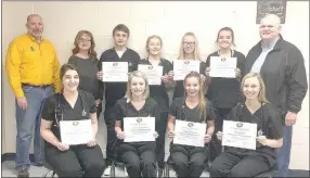  ?? COURTESY PHOTO ?? All students in Prairie Grove High School’s first certified nursing assistant class passed the skills and written tests to be certified. The passing rate far exceeded the state passing rate. School Superinten­dent Allen Williams, instructor Mandy Allen...