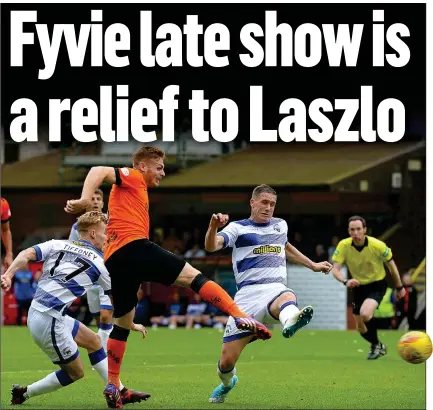  ??  ?? LAST ACTION HERO: substitute Fyvie pounces in stoppage time to volley home the leveller for United against Morton