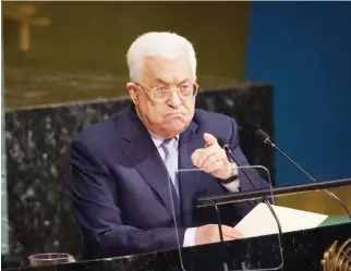  ??  ?? Palestine's President Mahmoud Abbas speaks during the UN General Assembly at the UN on Wednesday in New York. (AFP)