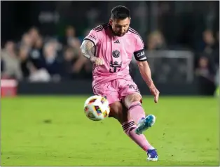  ?? LYNNE SLADKY — THE ASSOCIATED PRESS ?? Inter Miami forward Lionel Messi takes a free kick against Real Salt Lake on Wednesday in Fort Lauderdale, Fla. Messi will be back in Philadelph­ia at The Linc on March 22with Argentina’s national team to play El Salvador.