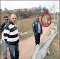  ??  ?? CONCERN: Chatsworth CPF’s Jakes Singh, with Shallcross CPF’s Jay Roopsunker and Moorton and Crossmoor CPF’s Sham Dhanpaul, on the off-ramp where Shane Madaray and Marlin Pillay crashed through the barrier after hitting a deliberate­ly laid light pole....