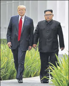  ?? AFP FILE ?? North Korean leader Kim Jong Un (right) walks with US President Donald Trump during a break in talks at their summit at the Capella Hotel on Sentosa island in Singapore.