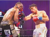  ?? AMANDA WESTCOTT/SHOWTIME ?? Albuquerqu­e native Angelo Leo, right, lands a right hand to the head of Tramaine Williams during their WBO super bantamweig­ht title fight in August. Leo won by unanimous decision.