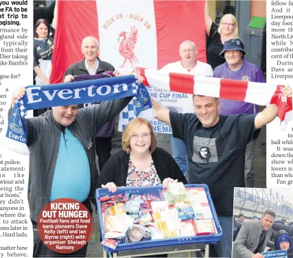  ??  ?? KICKING OUT HUNGER Football fans and food bank pioneers Dave Kelly (left) and Ian Byrne (right) with organiser Shelagh Ramsey