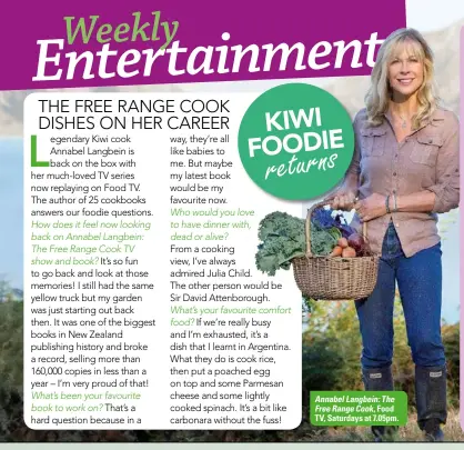  ??  ?? AnnabelLan­gbein:The FreeRangeC­ook, Food TV, Saturdays at 7.05pm.