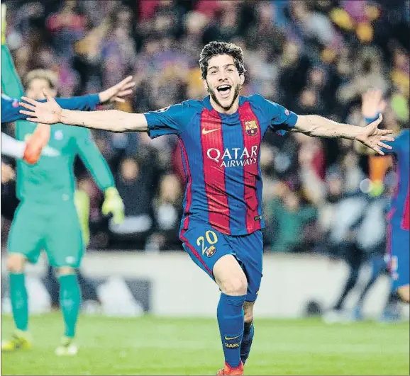  ?? CÉSAR RANGEL ?? Sergi Roberto celebrando el sexto gol del Barcelona ante el PSG, el 8 de marzo en el Camp Nou