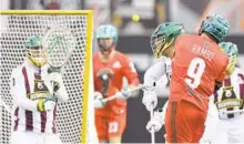  ?? BRETT CARLSEN/AP ?? Redwoods goalie Tim Troutner Jr., facing a shot from Whipsnakes attackman Matt Rambo during a 2019 game, is one of the starting goalies for the Premier Lacrosse League All-Star game.