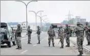  ??  ?? Army personnel patrol a street during the third day of the curfew in■Jammu on Sunday NITIN KANOTRA/HT