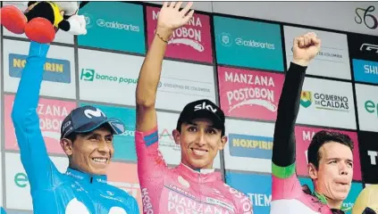  ?? FOTO: EFE ?? Nairo Quintana, Egan Bernal y Rigoberto Urán son las tres opciones colombiana­s para ganar la Itzulia