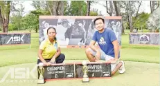  ??  ?? Neil and Valeri pose with their prizes after winning the KGC Junior Series Golf Championsh­ip which concluded in the State capital earlier this week.