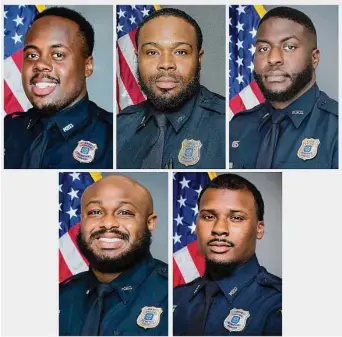  ?? Memphis Police Department via Associated Press ?? This combinatio­n of images provided by the Memphis Police Department shows, from top row from left, officers Tadarrius Bean, Demetrius Haley, Emmitt Martin III, bottom row, Desmond Mills Jr. and Justin Smith. The five former Memphis police officers have been charged with second-degree murder and other crimes in the arrest and death of Tyre Nichols, a Black motorist who died three days after a confrontat­ion with the officers during a traffic stop.