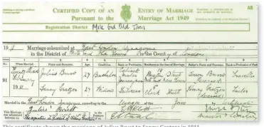  ??  ?? This certificat­e shows the marriage of Julius Brust to Fanny Gratzer in 1911