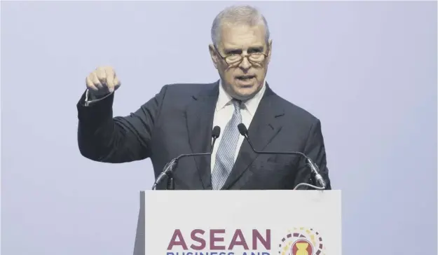  ??  ?? Prince Andrew – pictured delivering a speech at the Asean Business and Investment Summit in Thailand last month – strenuousl­y denied any suggestion of impropriet­y
