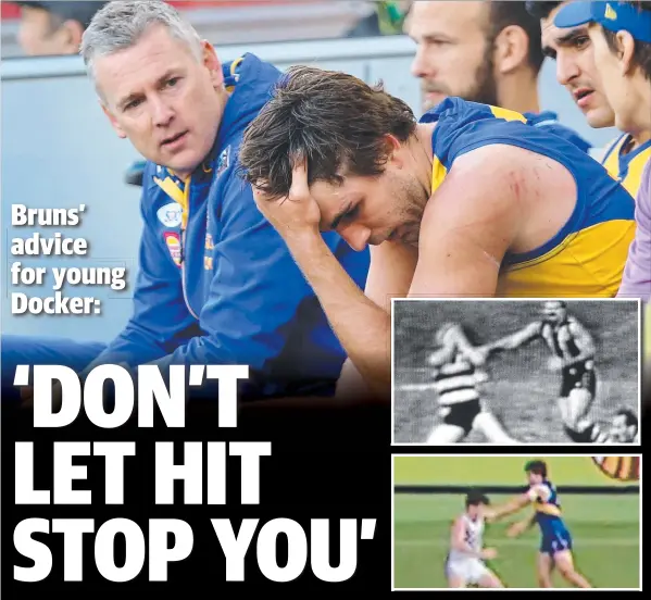  ?? Pictures: PAUL KANE, FOX FOOTY, GETTY IMAGES ?? HORROR HIT: Dejected Andrew Gaff sitting on the bench next to coach Adam Simpson after striking Andrew Brayshaw, inset. TOP INSET: A TV screen grab as Neville Bruns holds his face after being punched behind play by Leigh Matthews in 1985.