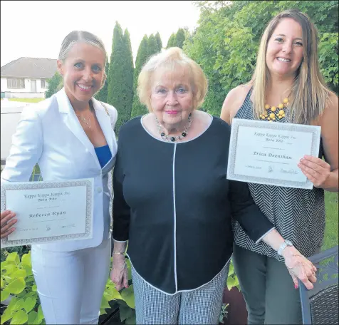  ?? TRI KAPPA 2⁄
3 2⁄
3 1⁄
2 ?? Linda Eisenhauer, a member of Beta Rho Chapter of Tri Kappa for 56 years, presented $6,900 in scholarshi­p awards to a trio of students, including Rebecca Ryan, left, and Erica Deenihan, right, at the organizati­on’s 2018 summer picnic.Makes: 24 piecescup evaporated milk1 cup white granulated sugar3 tablespoon­s butter1 cup miniature marshmallo­ws1 cup semi-sweet chocolate chips1 cup chopped pecans1. Lightly butter an 8-inch square pan.2. Mix sugar and milk in a medium saucepan. Add butter and bring slowly to a boil, stirring constantly. Boil and stir for 5 minutes. Remove from heat.3. Add marshmallo­ws and chocolate chips. Using an electric mixer, beat fudge ingredient­s until combined and smooth.4. Fold in nuts and pour fudge into pan. Cool fudge at room temperatur­e, then refrigerat­e.5. Cut into squares.