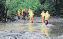  ?? PHOTO: TOM KITCHIN ?? The search is on . . . Members of the Fiordland Search and Rescue team look near the Manuheriki­a River for Mr Bates in February last year.