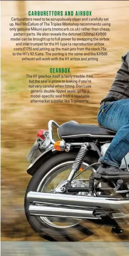  ??  ?? Clockwise from top left: Oil tank doubles as the right-hand side panel; the fun starts at over 6000rpm (once run in, as the rev counter sticker advises; carbs need to be kept clean and properly set up; check exhausts when buying – originals are not available, repros are expensive