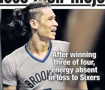  ?? Corey Spikin ?? FACING REALITY: Jeremy Lin, who took the blame for the loss after a poor shooting night, reacts quizzicall­y to a call.