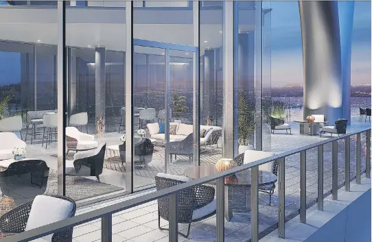  ??  ?? An artist’s rendering depicts a double-height entertainm­ent lounge at Hillside East. Additional amenity spaces includes sports and games lounges and yoga and ping pong rooms.