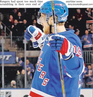  ?? NHLI via Getty Images ?? GIVE IT YOUR STAAL: The Rangers’ Marc Staal celebrates after scoring a first-period goal in Monday’s 4-0 victory over the Sharks.