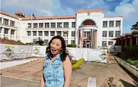  ?? Courtesy of David John Chávez ?? Kristina Wong in front of now-closed Mercy High School in S.F., which she attended in the early 1990s.