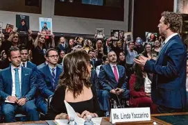  ?? AP Photo/Jose Luis Magana ?? In this Jan. 31 photo, Meta CEO Mark Zuckerberg turns to address the audience during a Senate Judiciary Committee hearing on Capitol Hill in Washington to discuss child safety.
