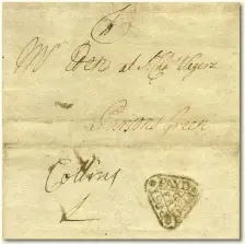  ?? ?? 1729 letter with a rare type of the Government Penny Post handstamp with a large dot in each corner, with manuscript receiver's name ‘Collins’ alongside.