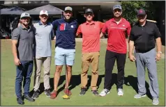  ?? (NWA Democrat-Gazette/Carin Schoppmeye­r) ?? Former Arkansas Razorback baseball players Dominic Fletcher (from left), Barrett Loseke, Blake Parker, Jared Gates, Chad Spanberger and Tom Pagnozzi gather at the Pagnozzi Parker Charities golf tournament.