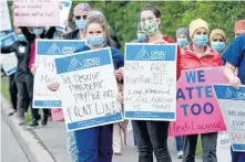  ?? JULIE OLIVER POSTMEDIA NETWORK ?? Upwards of 100 healthcare workers (physiother­apists, X-ray techs and dozens of other classifica­tions within Allied Health Profession­als) protested being left out of pandemic pay outside The Ottawa Hospital’s General campus Tuesday.