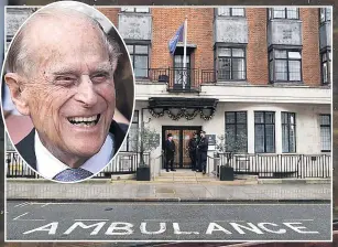  ??  ?? CARE Prince Philip, inset, walked into King Edward VII’s hospital in London