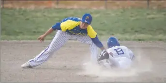  ?? JEANS PINEDA/Taos News ?? Cody Jackson gets thrown out trying to steal second base on Tuesday (April 19).