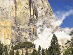  ?? Tom Evans / National Park Service ?? Top: Climber Ryan Sheridan and two friends had just reached the top of El Capitan, a 7,569-foot formation in Yosemite National Park, on Wednesday when a rockslide let loose below. Above: Dust rises after the rockfall, which killed a British climber and...