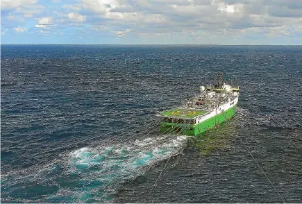  ??  ?? Seismic surveying ships used in oil exploratio­n towing ‘‘streamers’’ with sound wave receivers attached to capture undergroun­d data mapping informatio­n.