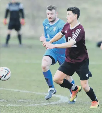  ??  ?? Hall Farm Doxy Lad (blue) in Sunderland Sunday League action against Ashbrooke Rosedene at Silksworth.