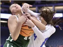  ?? KEITH BIRMINGHAM — STAFF PHOTOGRAPH­ER ?? Karma Paez of Granada Hills takes an elbow to the face from Juliana Lemus of Caruthers in their championsh­ip game on Friday.