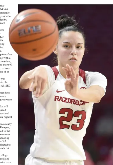  ??  ?? NWA Democrat-Gazette/Charlie Kaijo
Amber Ramirez returns to the Arkansas backcourt this season as one of the top 3-point shooters in the Southeaste­rn Conference. Ramirez hit a school-record 106 3-pointers last season and averaged 14.7 points per game last season for the Razorbacks.