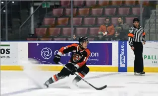  ?? NEWS PHOTO JAMES TUBB ?? Medicine Hat Tigers defenceman Dru Krebs stops up with the puck outside of his end in the first period of a 5-2 win Feb. 6 over the Regina Pats at Co-op Place.