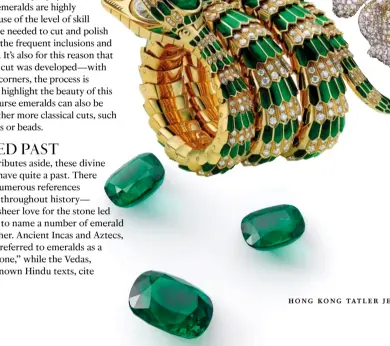  ??  ?? From left: Snake bracelet-watch with emeralds in yellow gold by Bulgari, circa 1965; Floral emerald and diamond ring by Butani