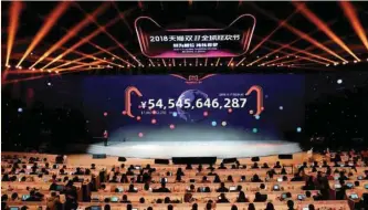  ?? — Reuters ?? A screen shows the value of goods being transacted at Alibaba Group’s Singles’ Day festival in Shanghai.