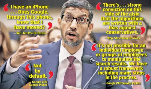  ??  ?? SEARCH ME: Google CEO Sundar Pichai on Tuesday takes heat from skeptical GOP lawmakers about the company’s political leanings.