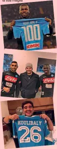  ??  ?? Da Instagram: Koulibaly celebra le 100 presenze (2-12-2016); con Ghoulam e Salvatore Esposito di Gomorra; Maradona con la sua maglia
